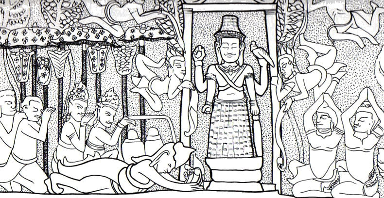 Эскиз барельефа Байона. Джаяварман VII перед Вишну.